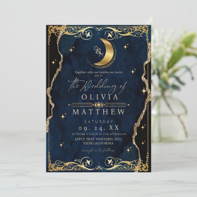 Celestial Wedding Blue and Gold Photo Wedding Invitation (Standing Front)
