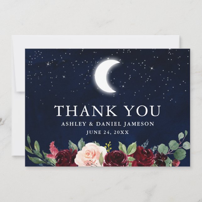 Celestial Wedding Blue Sky Moon Stars Floral Thank You Card (Front)