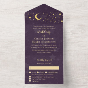 Celestial Wedding Deep Purple Moon and Stars All In One Invitation