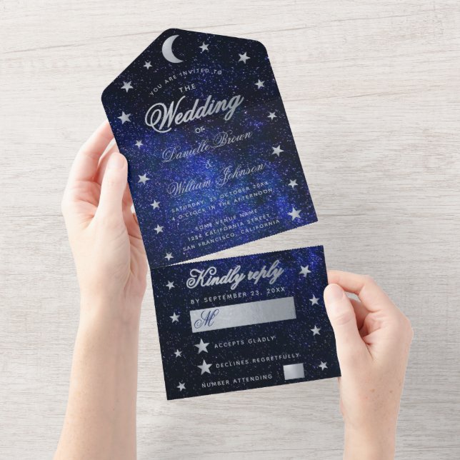Celestial Wedding  Elegant Blue Silver Stars Moon All In One Invitation (Tearaway)