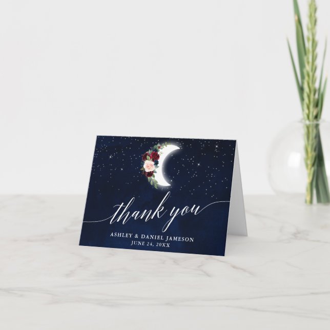 Celestial Wedding Floral Moon Calligraphy Note Thank You Card (Front)