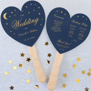 Celestial Wedding Gold Stars Midnight Blue Heart Hand Fan