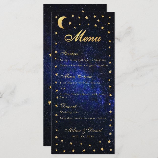 Celestial Wedding Menu - Elegant Blue Gold Stars (Front/Back)