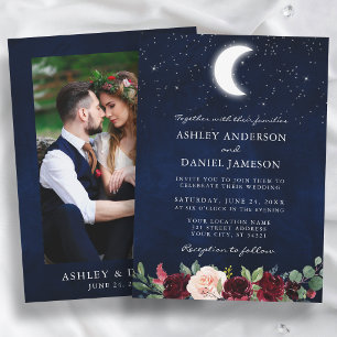 Celestial Wedding Moon Stars Floral Photo Invitation