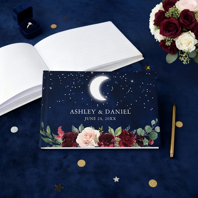 Celestial Wedding Moon Stars Floral Wedding Guest Book (Customize to change text size or text style.)