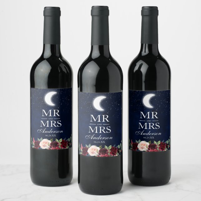 Celestial Wedding Moon Stars Mr. and Mrs. Floral Wine Label (Bottles)