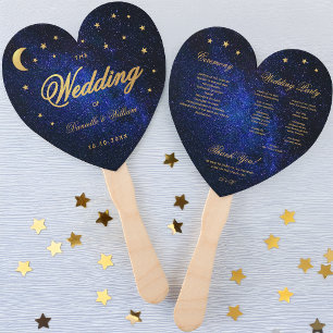 Celestial Wedding Program Gold Stars Moon Elegant Hand Fan