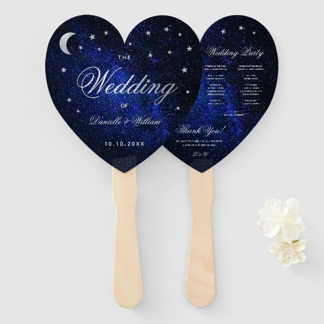 Celestial Wedding Program Moon Stars & Calligraphy Hand Fan (Front and Back)