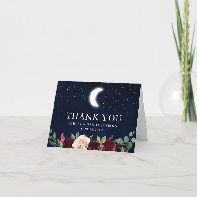 Celestial Wedding Sky Moon Stars Floral Note Thank You Card (Front)