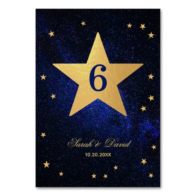 Celestial Wedding Star Faux Gold Foil Night Sky Ta Table Number (Front)