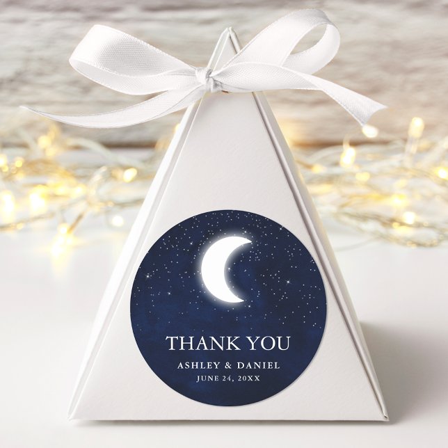 Celestial Wedding Thank You Blue Sky Moon Stars Classic Round Sticker (Customize to change text size or text style.)