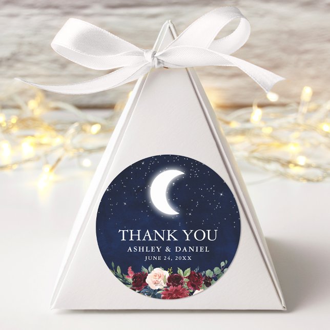 Celestial Wedding  Thank You Moon Stars Floral Classic Round Sticker (Customize to change text size or text style.)