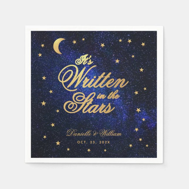 Celestial Wedding Written in The Stars Blue & Gold Napkin (Front)
