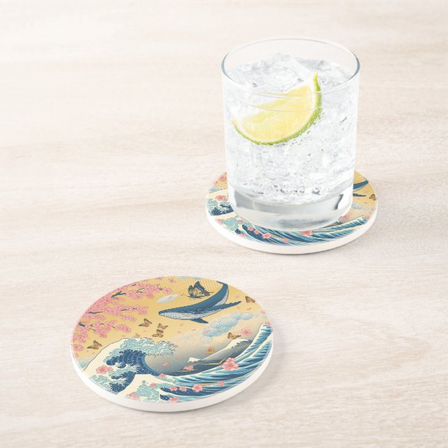 Celestial Whale among Cherry Blossoms - AI Art Coaster (Side)