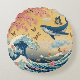 Celestial Whale Among Cherry Trees – AI Art Round Pillow