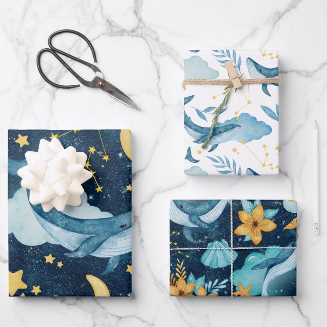 celestial whales kids wrapping paper (Front)
