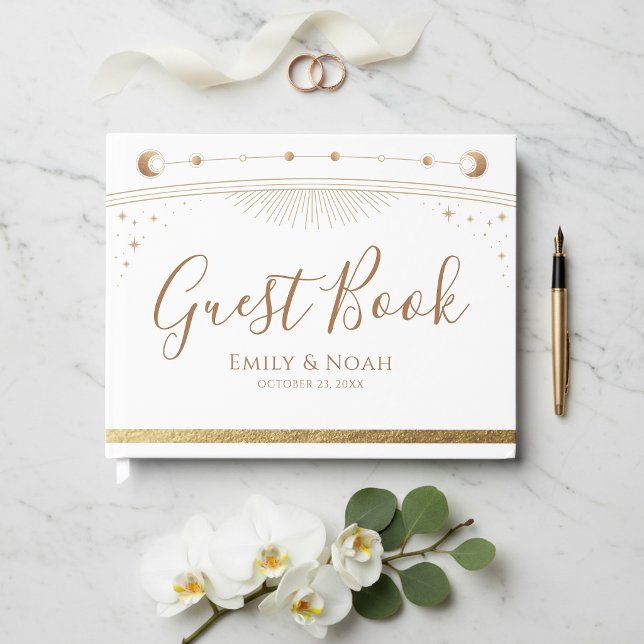 Celestial White Gold Sun Moon Stars Wedding  Guest Book (Creator Uploaded)