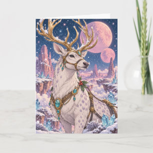 Celestial White Reindeer Pink Moons Fantasy Holiday Card