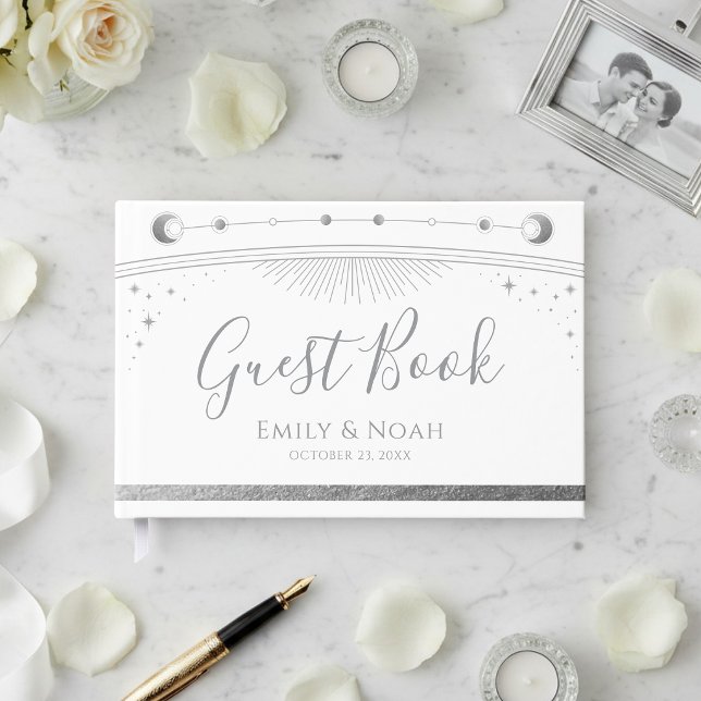 Celestial White Silver Sun Moon Stars Wedding  Guest Book (Creator Uploaded)