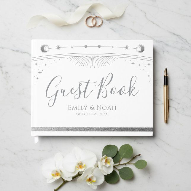 Celestial White Silver Sun Moon Stars Wedding  Guest Book (Creator Uploaded)