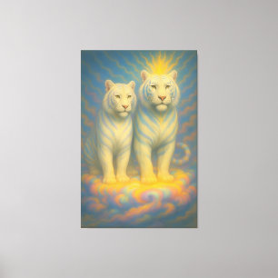 Celestial White Tiger Couple – Warm Golden Aura Fi Canvas Print