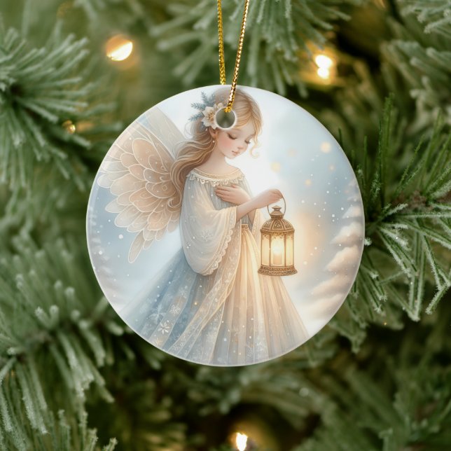 Celestial Winter Angel Lantern of Comfort Ceramic Ornament (Tree)