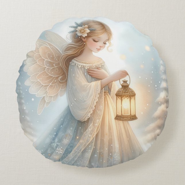 Celestial Winter Angel Lantern of Comfort Round Pillow (Front)