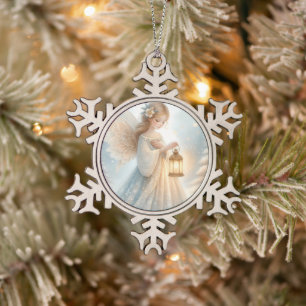 Celestial Winter Angel Lantern of Comfort Snowflake Pewter Christmas Ornament