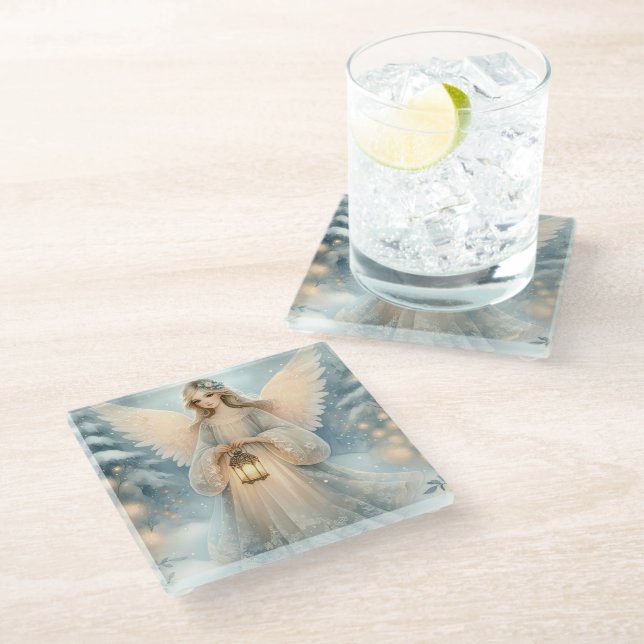 Celestial Winter Angel Lantern of Grace Glass Coaster (Angled)