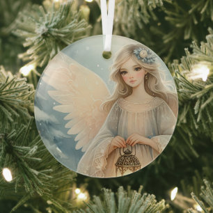 Celestial Winter Angel Lantern of Grace Glass Ornament