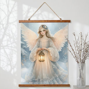 Celestial Winter Angel Lantern of Grace Hanging Tapestry
