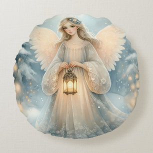 Celestial Winter Angel Lantern of Grace Round Pillow