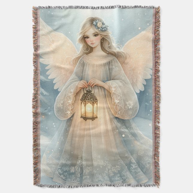 Celestial Winter Angel Lantern of Grace Throw Blanket (Front Vertical)