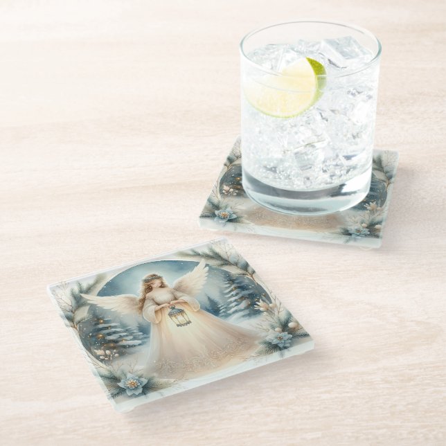 Celestial Winter Angel Lantern of Hope Glass Coaster (Angled)