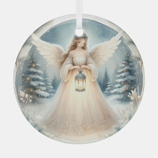 Celestial Winter Angel Lantern of Hope Glass Ornament (Front)