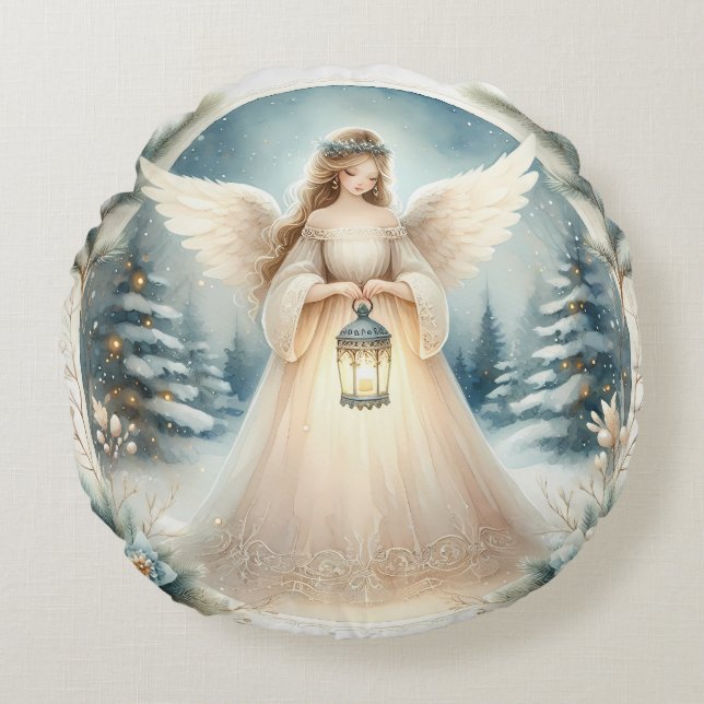 Celestial Winter Angel Lantern of Hope Round Pillow (Front)