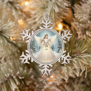 Celestial Winter Angel Lantern of Hope Snowflake Pewter Christmas Ornament