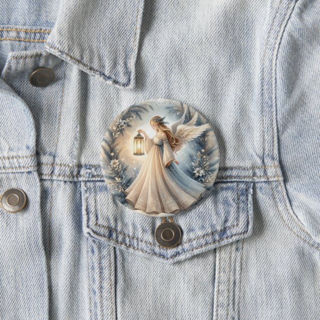 Celestial Winter Angel Lantern of Peace 3 Inch Round Button (In Situ)