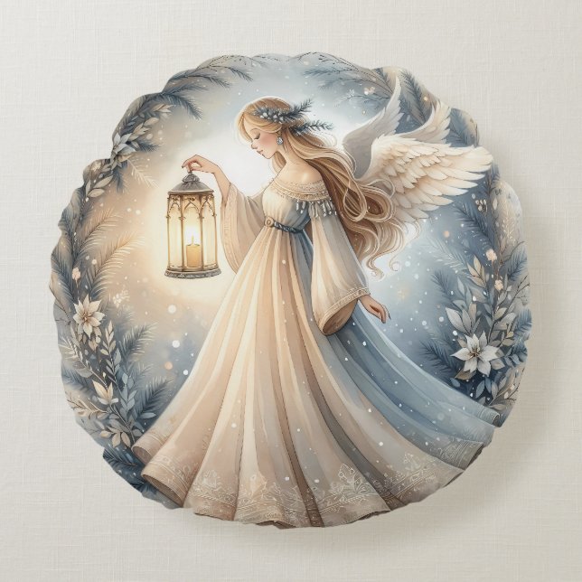 Celestial Winter Angel Lantern of Peace Round Pillow (Front)