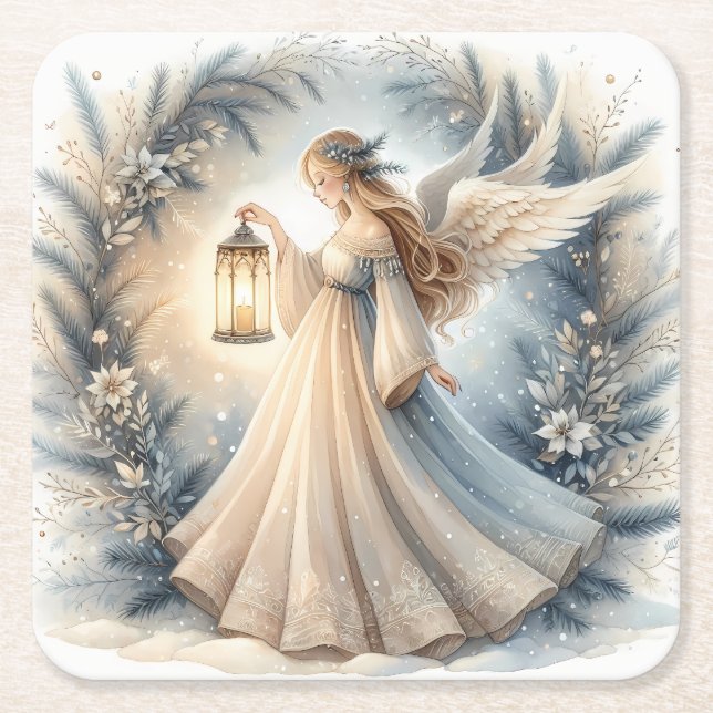 Celestial Winter Angel Lantern of Peace Square Paper Coaster (Front)