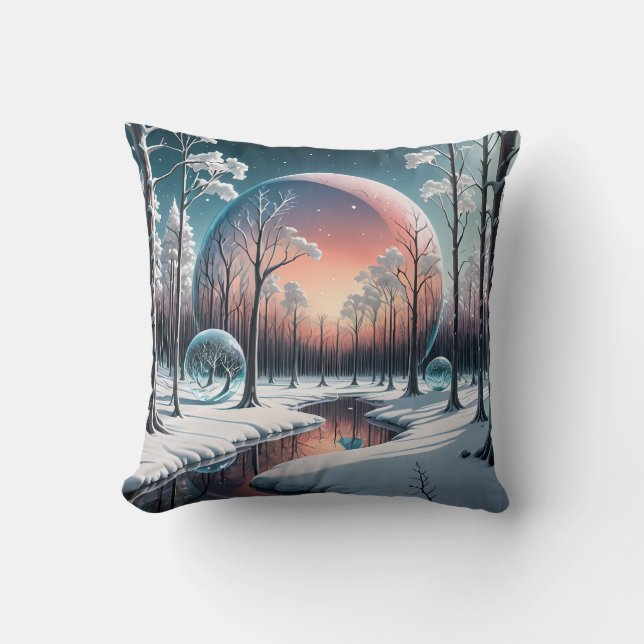 Celestial Winter Dream: Surreal Snowy Forest Throw Pillow (Front)