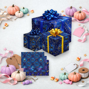 Celestial Witchy Black Cat Halloween Wrapping Paper Sheet
