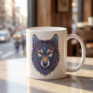 Celestial Wolf Mug Gold & Blue Luxury Line Art