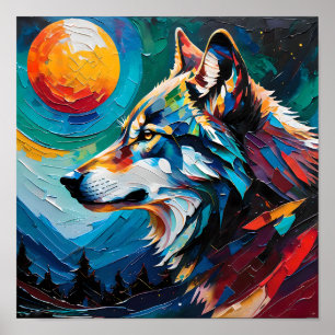Celestial Wolf Under Painted Moon – Abstract  Poster