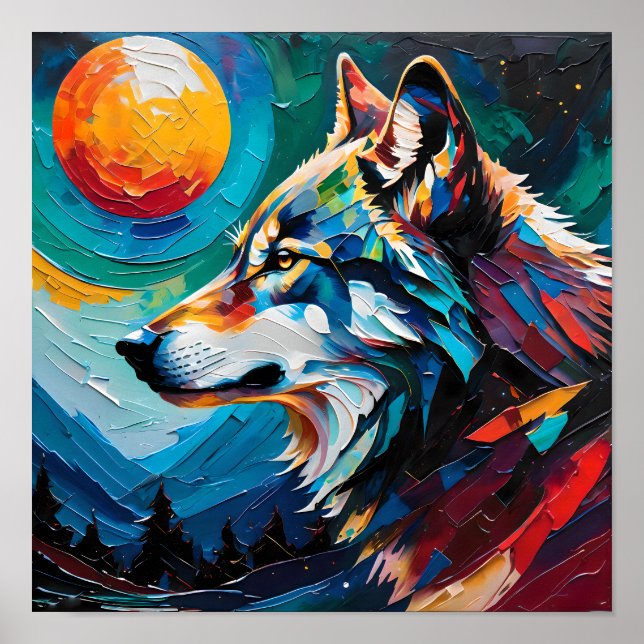 Celestial Wolf Under Painted Moon – Abstract  Poster (Front)