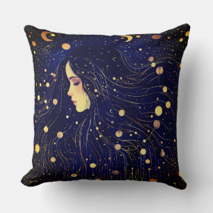 Celestial Woman Goddess Moon Stars Sky Throw Pillow