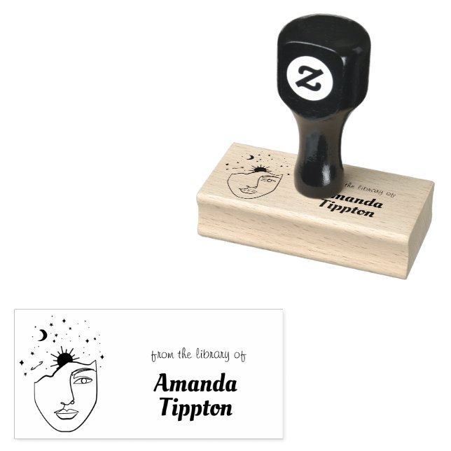 Celestial Woman Line Art Personalized Library Rubber Stamp (Stamped)