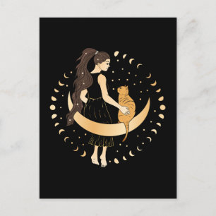 Celestial woman with cat on the moon postcard