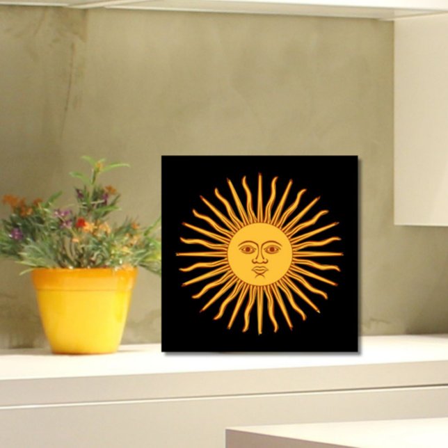 Celestial Yellow Sunshine Face on Black Stylish Tile (Add the charm and warmth of the sun to your tiled space!)