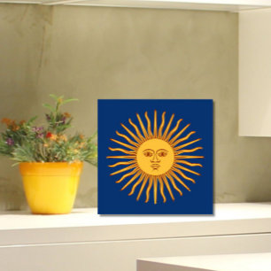 Celestial Yellow Sunshine Face on Blue Stylish Tile